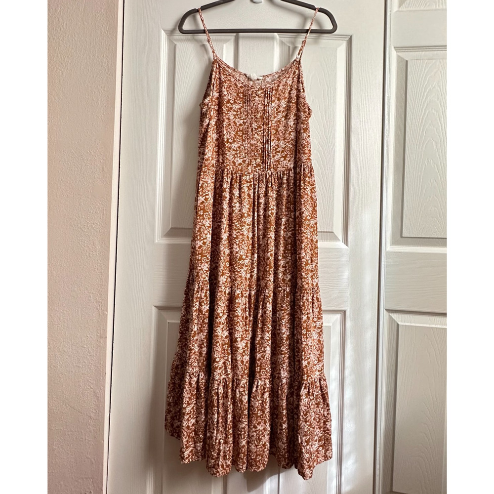 Blu Pepper Large Brown White Ditsy Floral Tiered Spaghetti Strap Midi Sun Dress